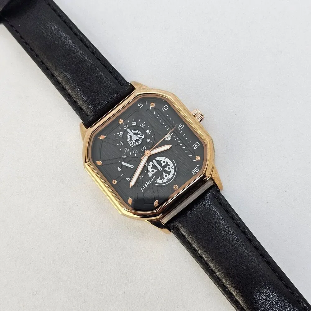 Men's Watch 42MM Black Dial‎ Gold Case Black Leather Band Straps Date Indicator